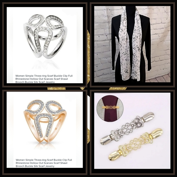 Black Music Note Print Wrap Scarf White + Scarf Buckle Gold Or Silver - Picture 14 of 16